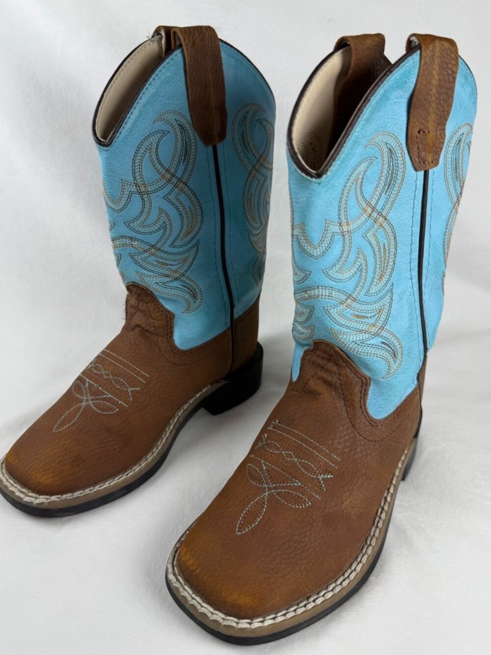 Old West Kids Cowboy Boots Size 10.5 D Brown Turquoise Square Toe Western VB9167